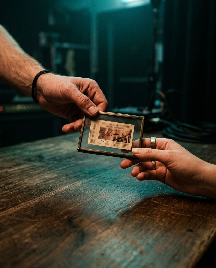 A framed, signed concert ticket passing from one hand to another